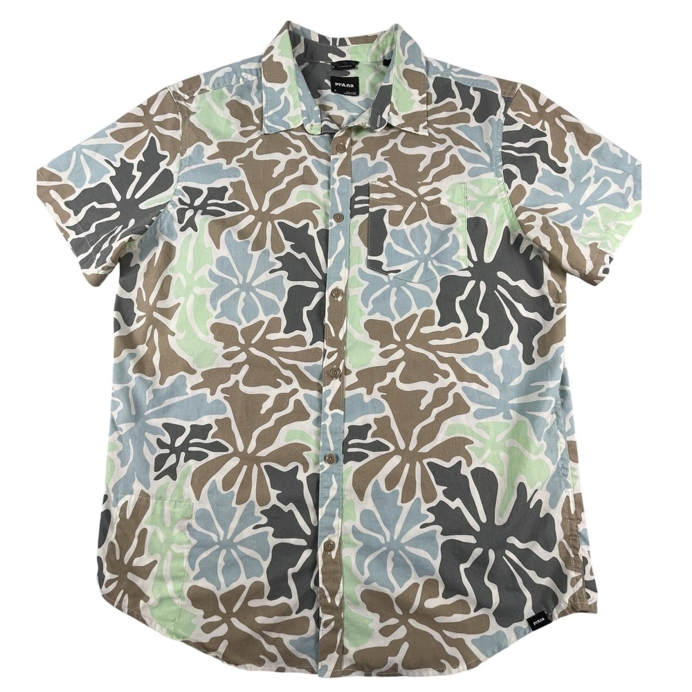 Prana Button Down Shirt Mens Medium Multicolor Abstract Floral Standard Fit SS